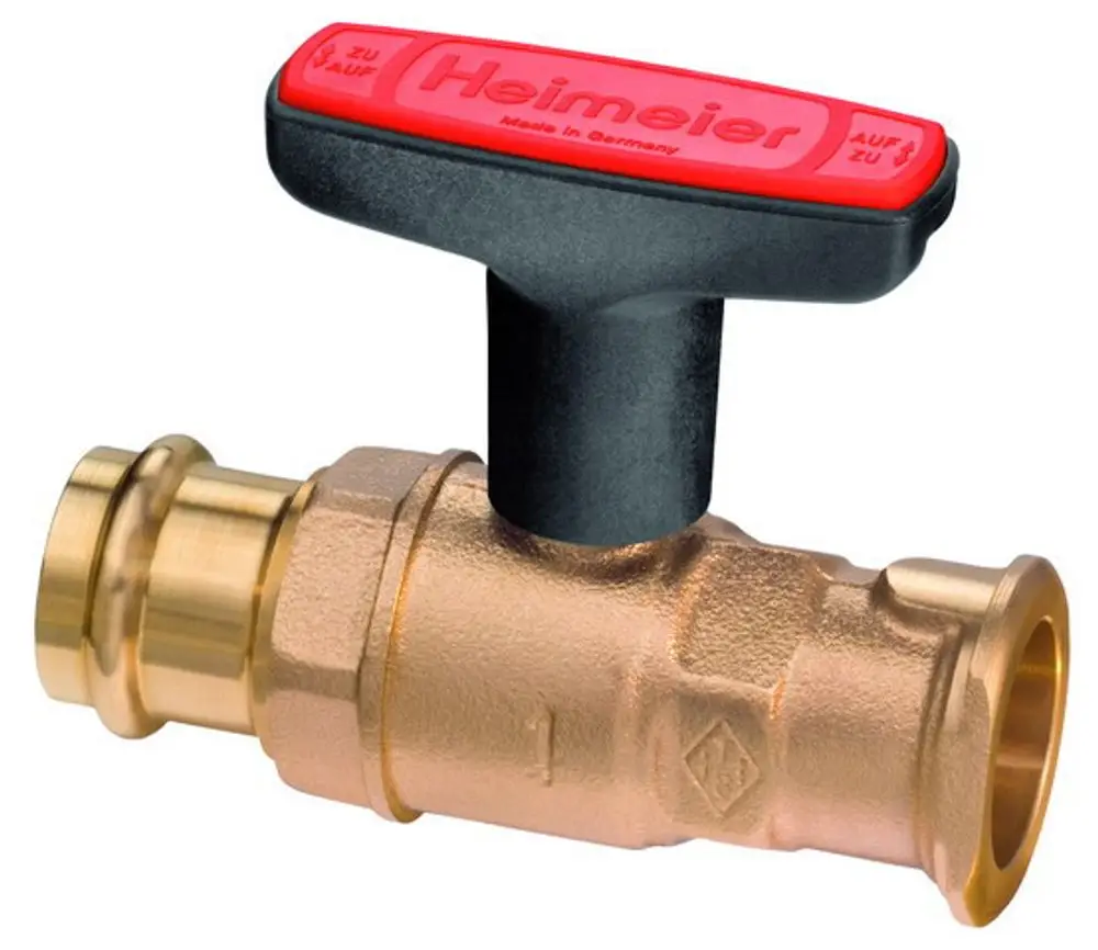 Kupferne Ventil mit schwarzer Drehgriffoberfläche, geeignet für Rohrverbindungen. Hersteller ist IMI Hydronic Engineering.